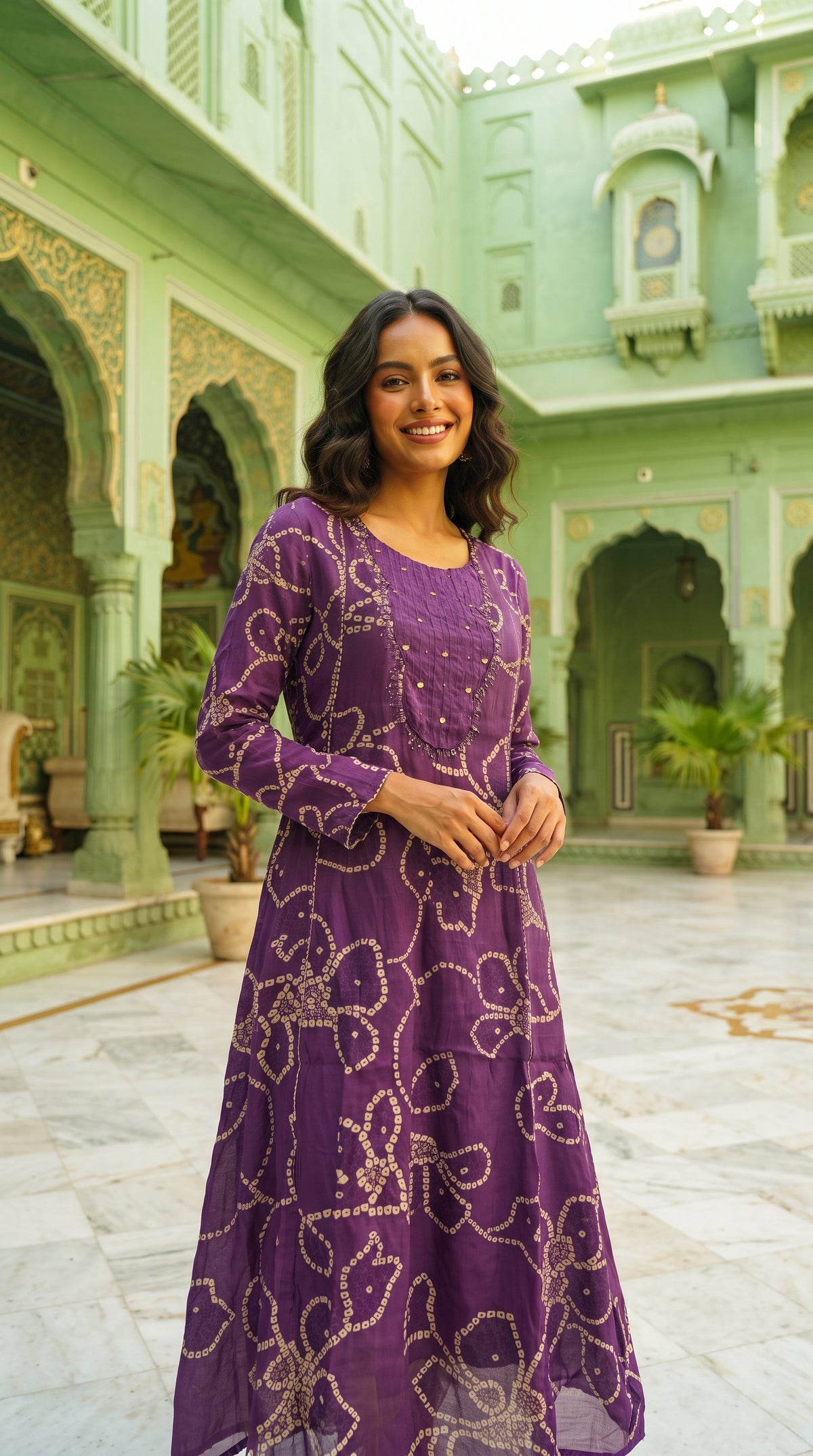 Tridha purple Bandhani print art silk A-line kurta suit set with dupatta by Nayab Pitara – view 2
