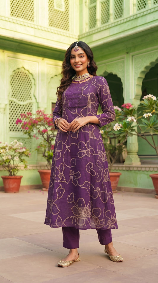 Tridha Purple Ethnic Bandhani Print Kurta Dupatta suit Set by Nayab Pitara - view 1