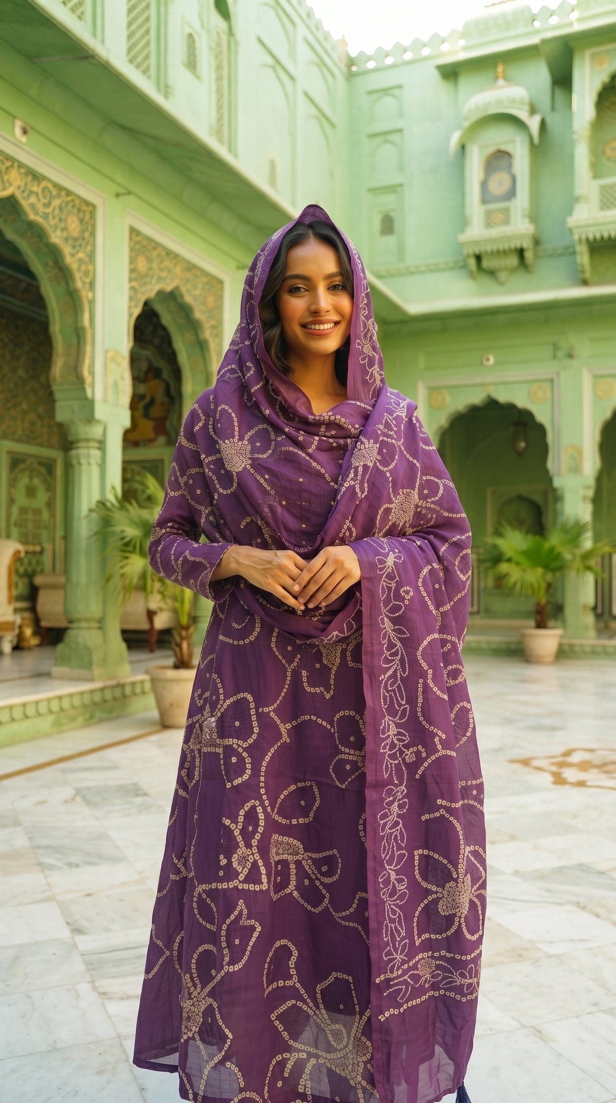 Tridha purple Bandhani print art silk A-line kurta suit set with dupatta by Nayab Pitara – view 3
