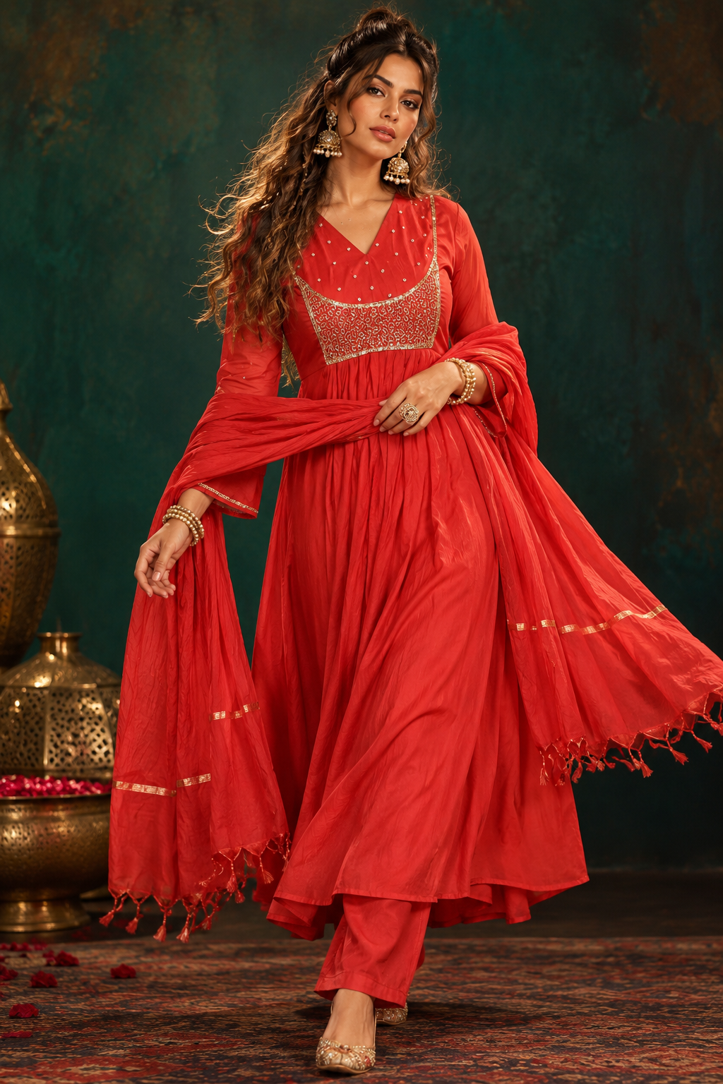 Woman wearing Arunima coral orange mul chanderi Anarkali suit set with gold embroidered yoke and dupatta by Nayab Pitara