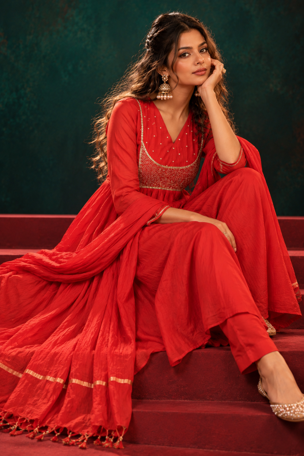 Arunima coral orange mul chanderi Anarkali suit set with gold embroidered yoke and dupatta by Nayab Pitara – view 2