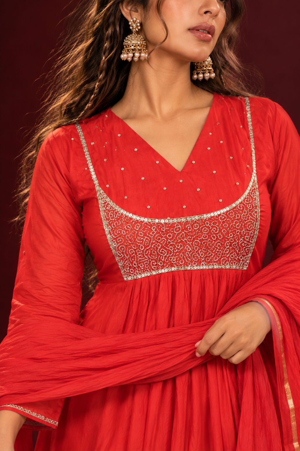 Arunima coral orange mul chanderi Anarkali suit set with gold embroidered yoke and dupatta by Nayab Pitara – view 3