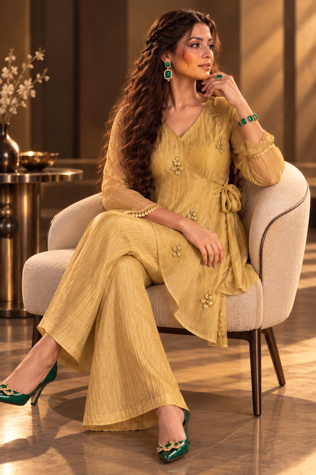 Kanak golden tissue wrap kurta and wide-leg pants co-ord set by Nayab Pitara – view 3
