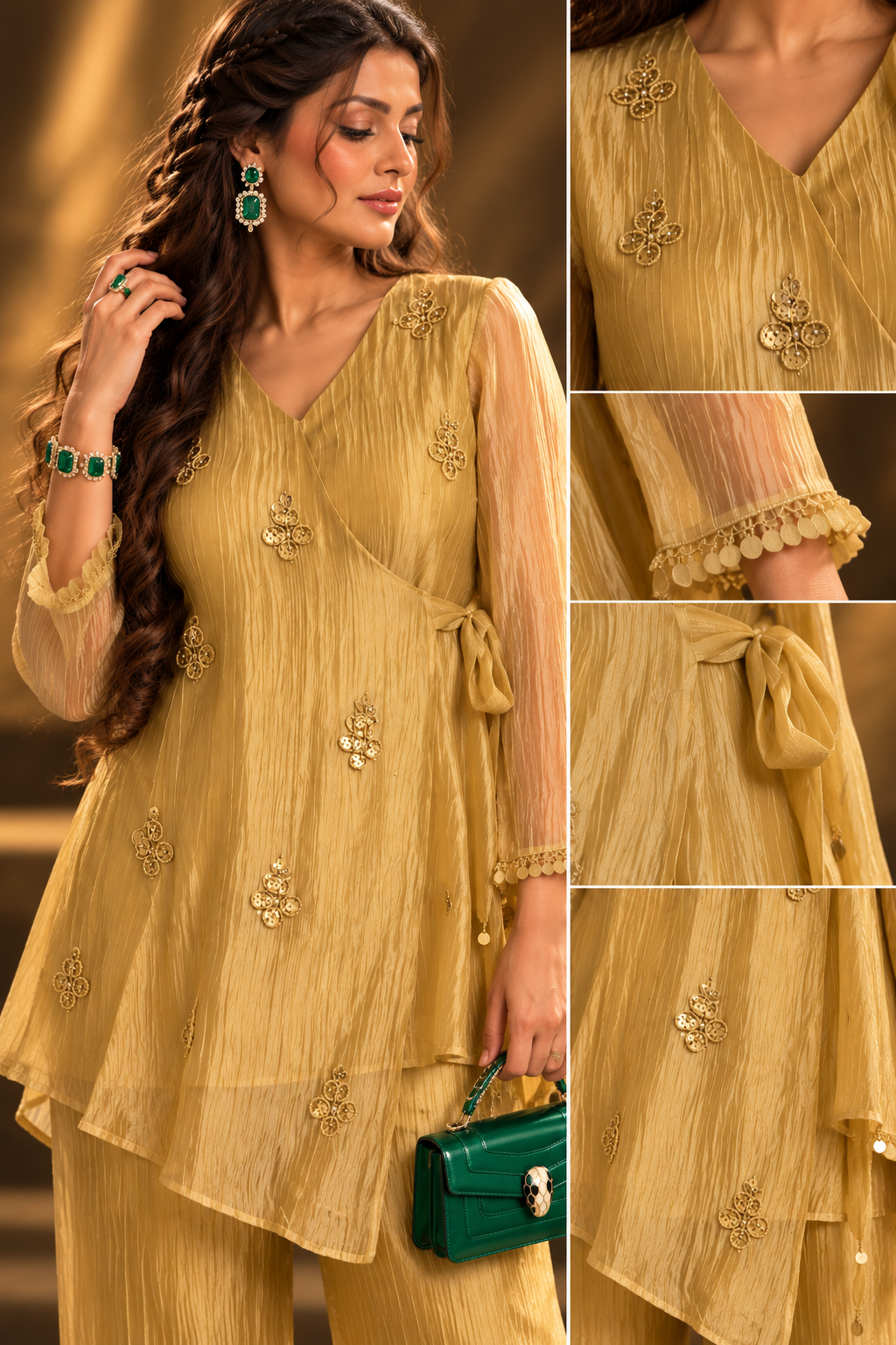 Kanak golden tissue wrap kurta and wide-leg pants co-ord set by Nayab Pitara – view 4
