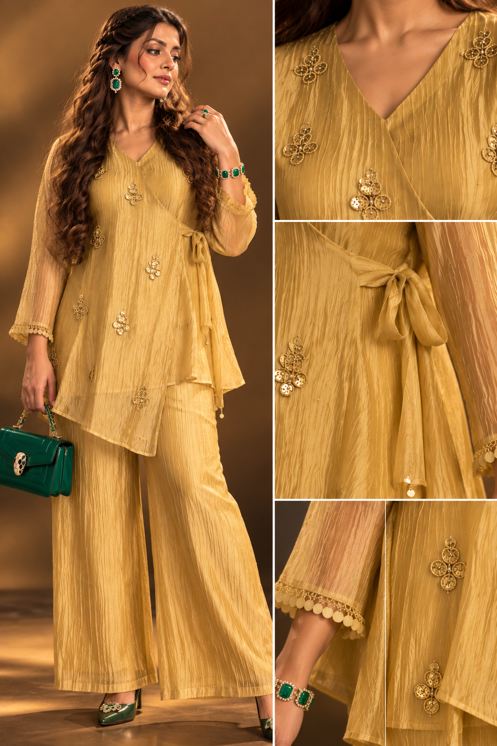 Kanak golden tissue wrap kurta and wide-leg pants co-ord set by Nayab Pitara – view 5