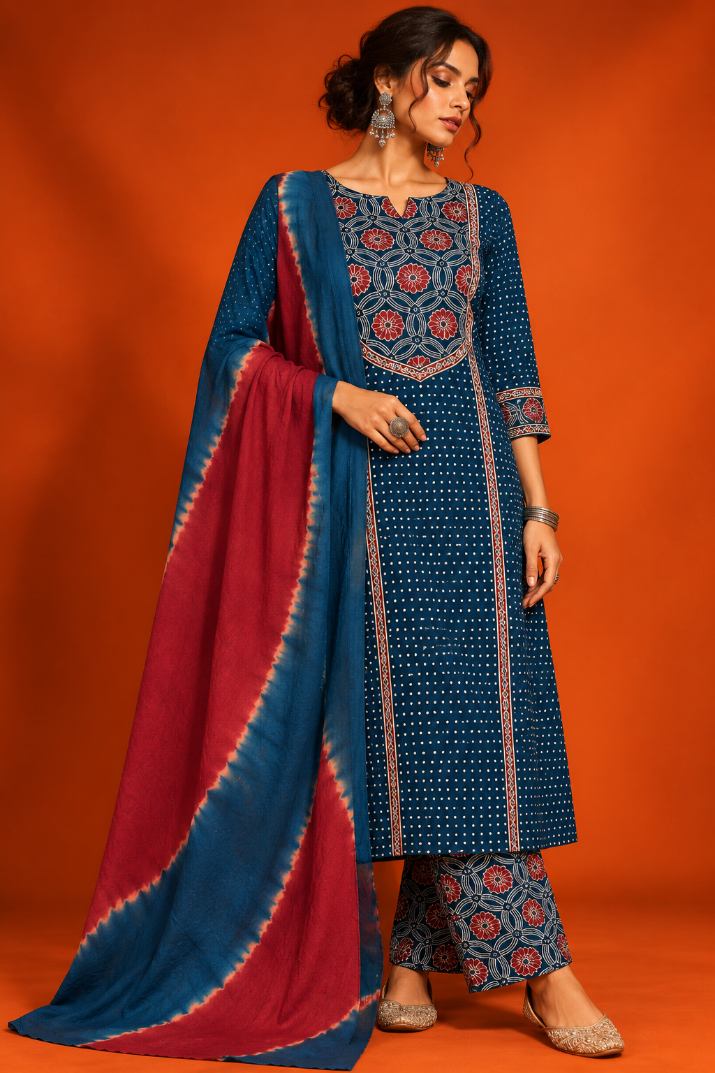 Woman wearing Nilambari indigo blue floral printed cotton suit set with blue and maroon dyed dupatta by Nayab Pitara