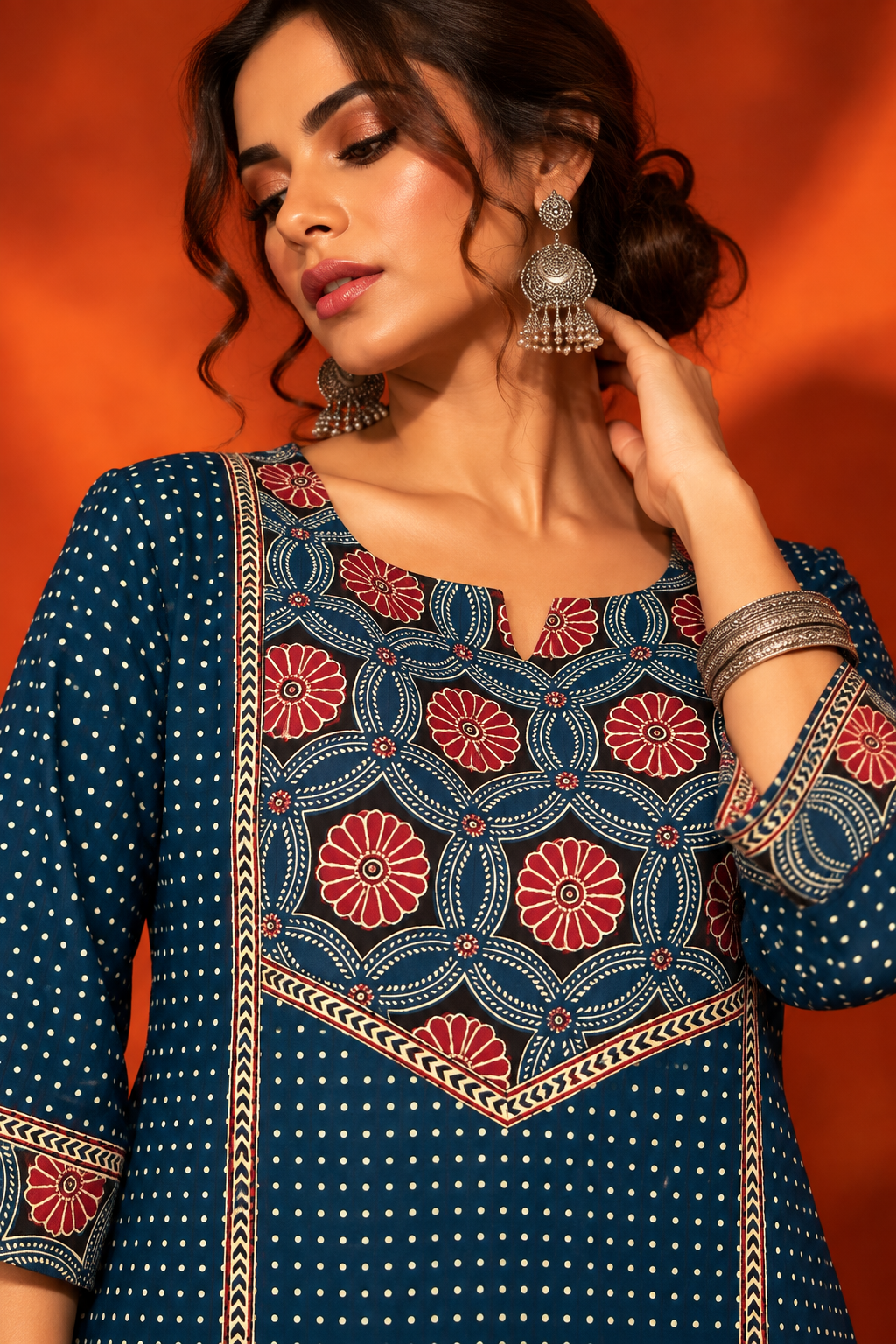 Nilambari indigo blue floral printed cotton suit set with blue and maroon dyed dupatta by Nayab Pitara – view 2