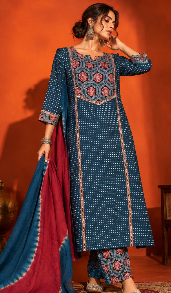 Nilambari indigo blue floral printed cotton suit set with blue and maroon dyed dupatta by Nayab Pitara – view 3