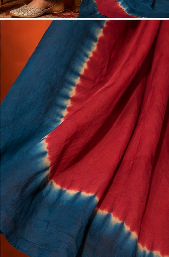 Nilambari indigo blue floral printed cotton suit set with blue and maroon dyed dupatta by Nayab Pitara – view 4