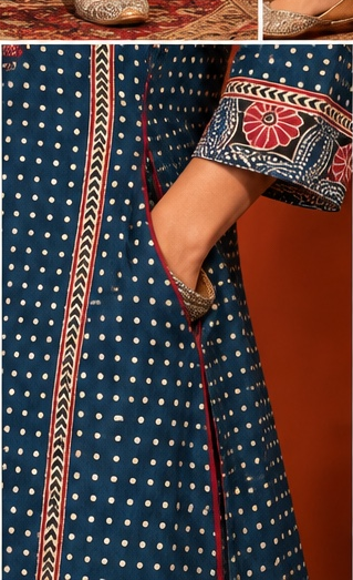 Nilambari indigo blue floral printed cotton suit set with blue and maroon dyed dupatta by Nayab Pitara – view 5