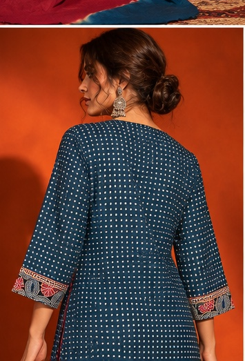 Nilambari indigo blue floral printed cotton suit set with blue and maroon dyed dupatta by Nayab Pitara – view 6