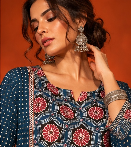 Nilambari indigo blue floral printed cotton suit set with blue and maroon dyed dupatta by Nayab Pitara – view 7