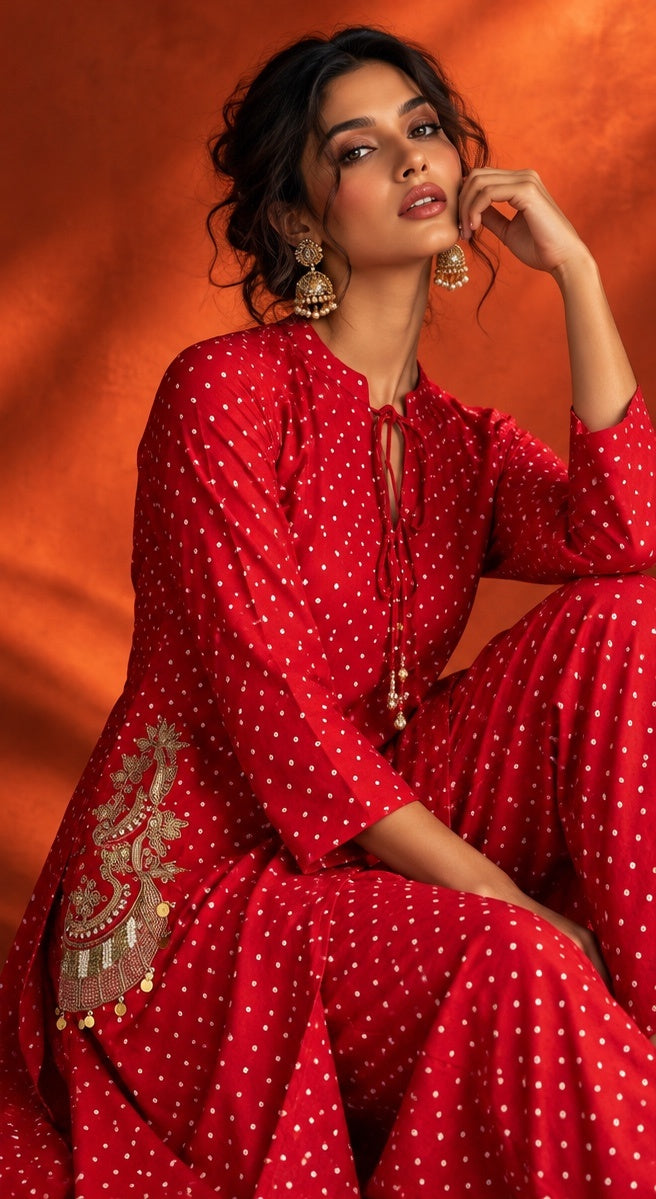 Woman wearing Ragini crimson red crepe silk polka kurta and pants co-ord set with gold embroidery by Nayab Pitara
