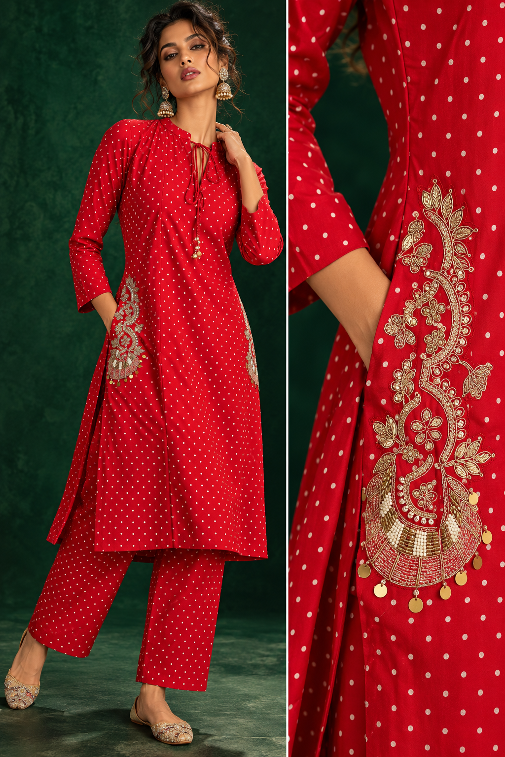 Ragini crimson red crepe silk polka kurta and pants co-ord set with gold embroidery by Nayab Pitara – view 2