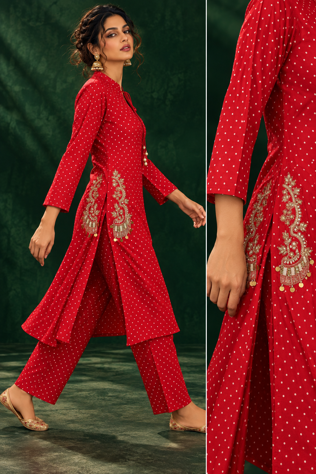 Ragini crimson red crepe silk polka kurta and pants co-ord set with gold embroidery by Nayab Pitara – view 3