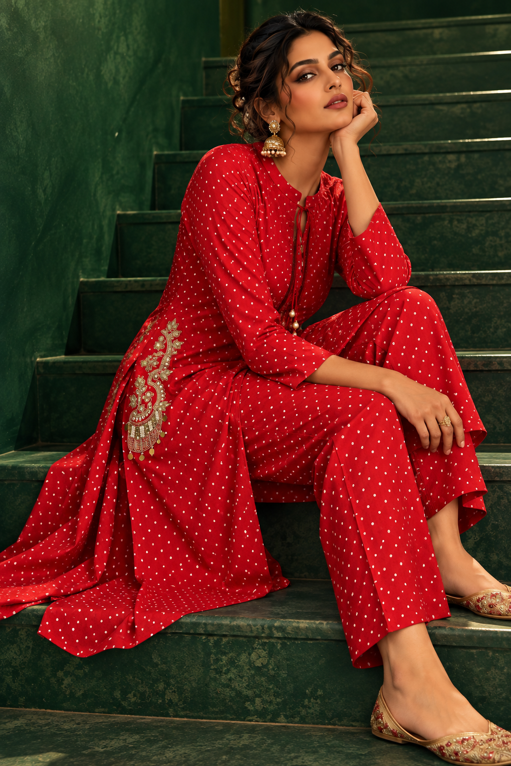 Ragini crimson red crepe silk polka kurta and pants co-ord set with gold embroidery by Nayab Pitara – view 4