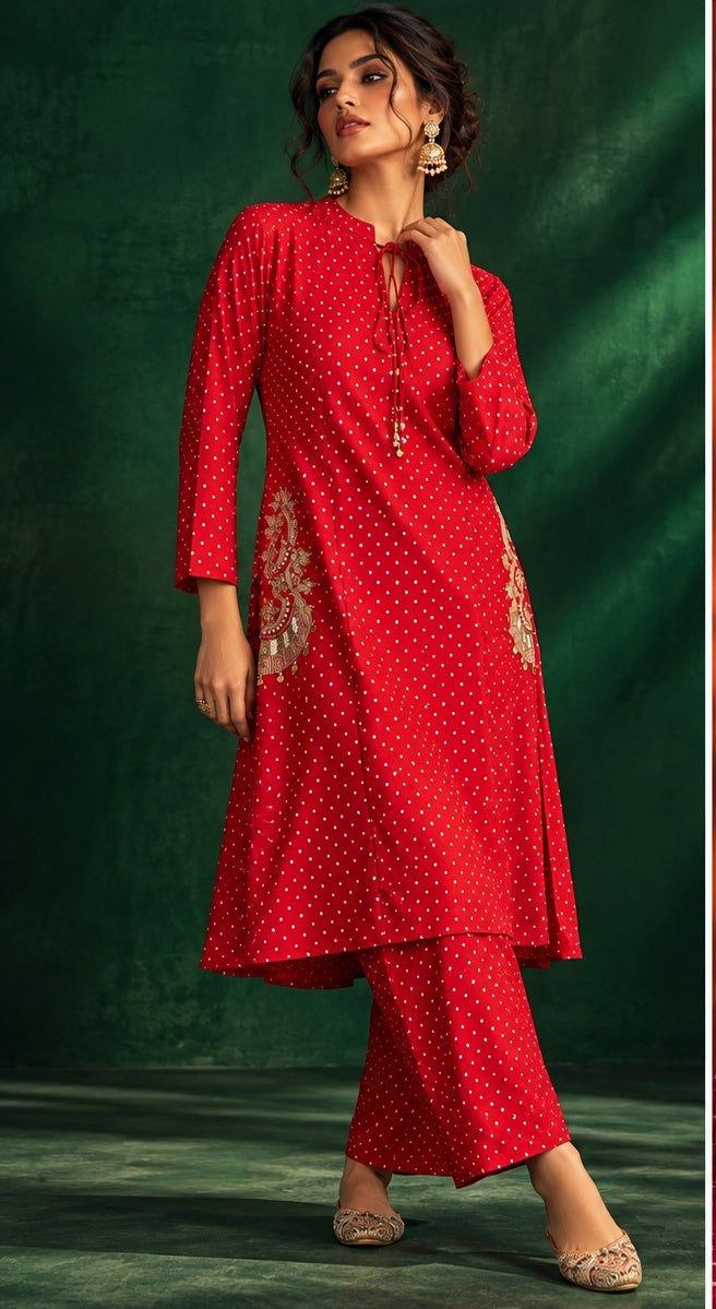 Ragini crimson red crepe silk polka kurta and pants co-ord set with gold embroidery by Nayab Pitara – view 5