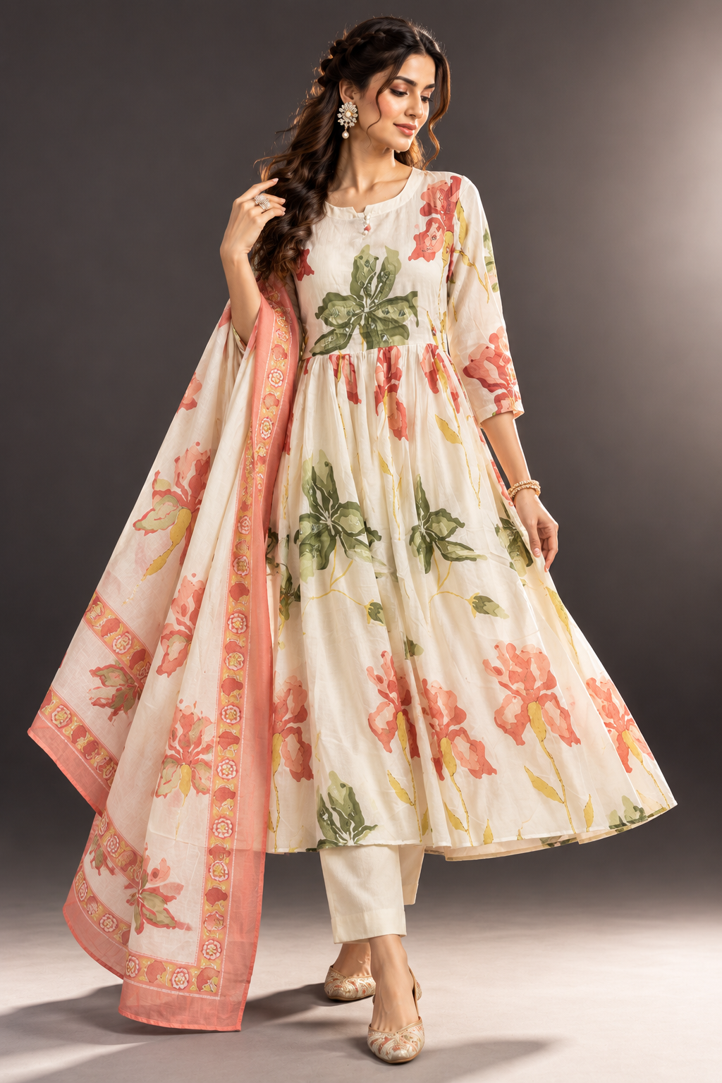 Saumya ivory floral mul cotton anarkali suit set with floral dupatta by Nayab Pitara – view 2