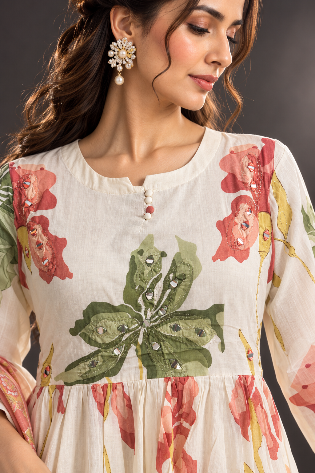 Saumya ivory floral mul cotton anarkali suit set with floral dupatta by Nayab Pitara – view 3