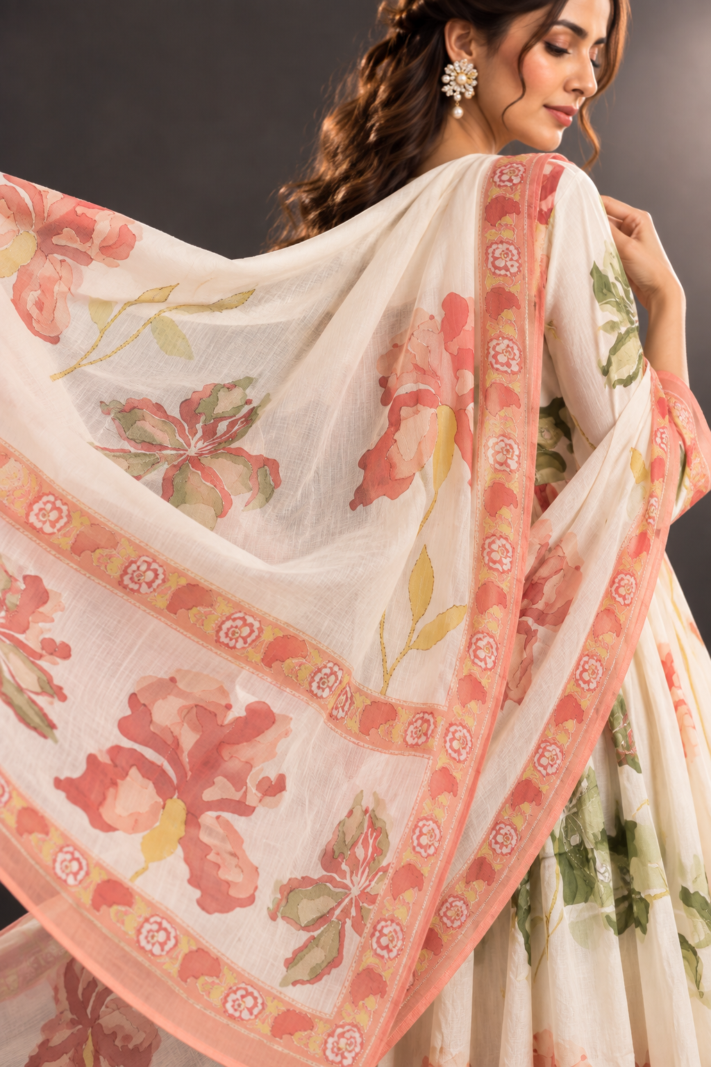 Saumya ivory floral mul cotton anarkali suit set with floral dupatta by Nayab Pitara – view 4