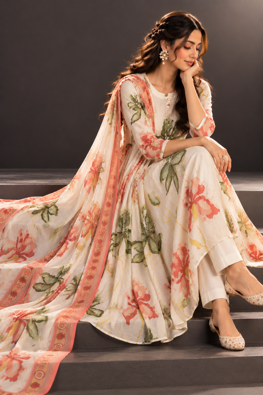 Saumya ivory floral mul cotton anarkali suit set with floral dupatta by Nayab Pitara – view 6