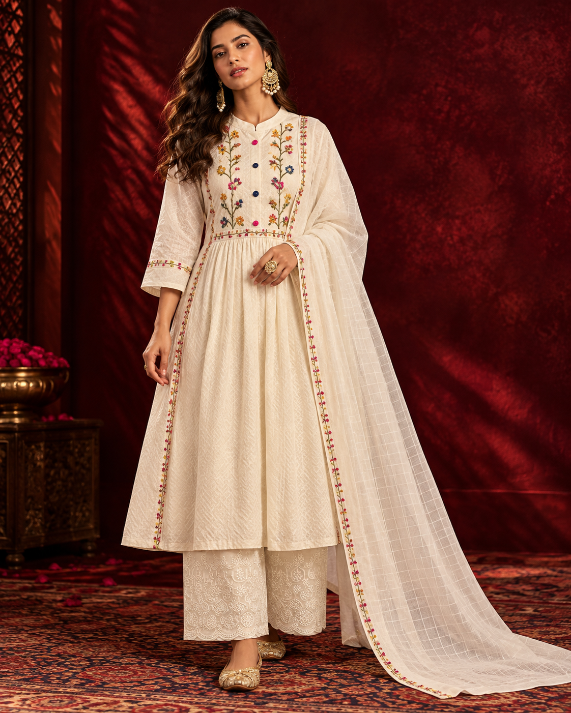 Woman wearing Tarang ivory cotton suit set with multicolour floral embroidery and Kota Doria dupatta by Nayab Pitara
