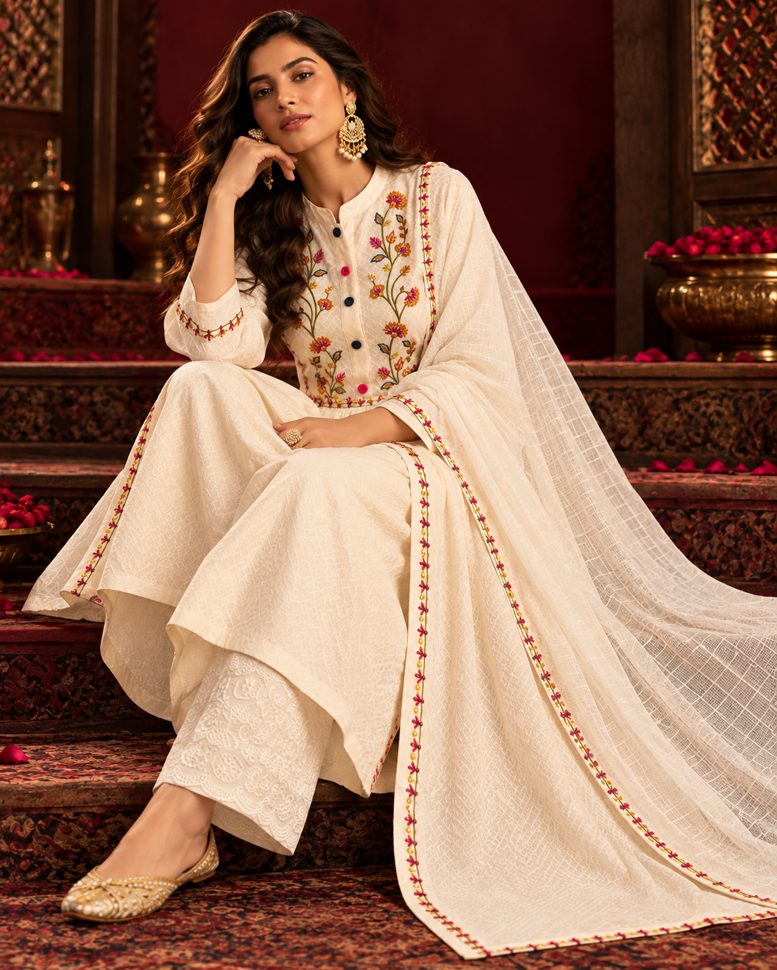 Tarang ivory cotton suit set with multicolour floral embroidery and Kota Doria dupatta by Nayab Pitara – view 2