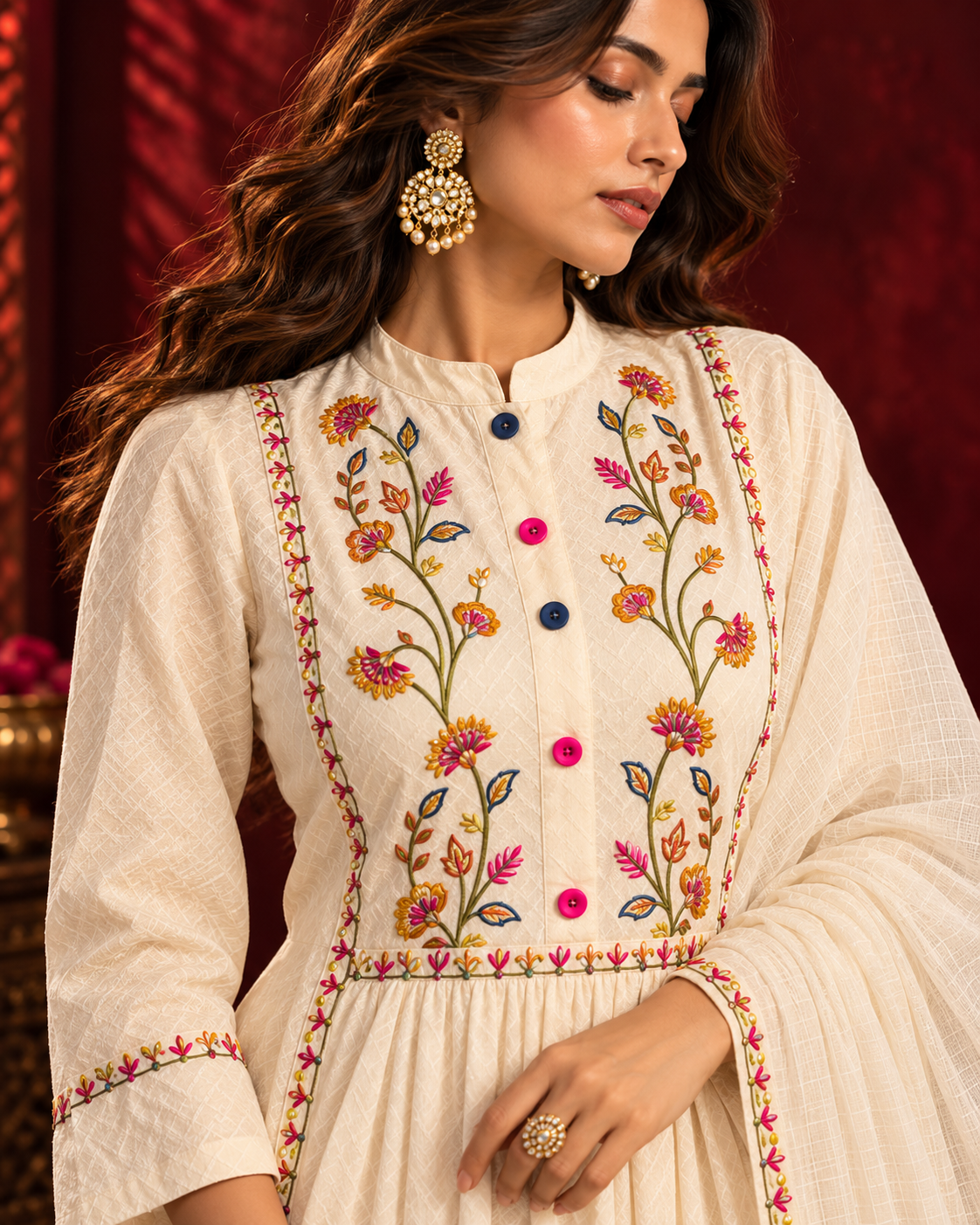 Tarang ivory cotton suit set with multicolour floral embroidery and Kota Doria dupatta by Nayab Pitara – view 3