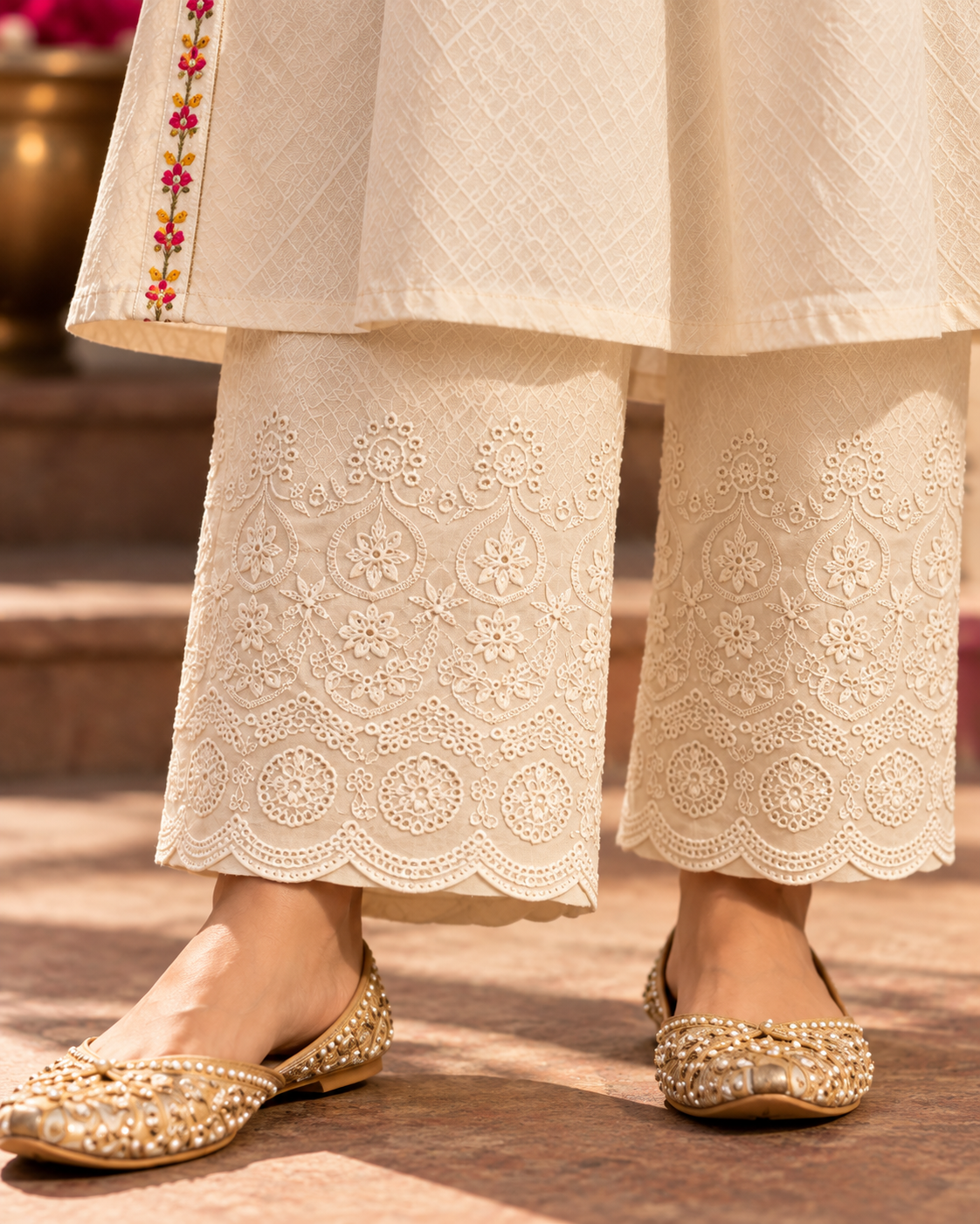 Tarang ivory cotton suit set with multicolour floral embroidery and Kota Doria dupatta by Nayab Pitara – view 4