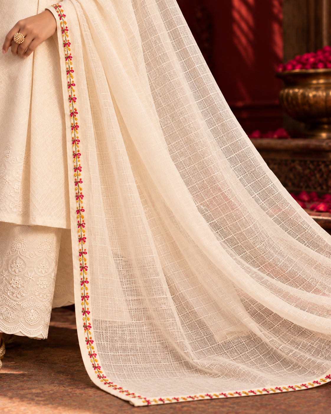 Tarang ivory cotton suit set with multicolour floral embroidery and Kota Doria dupatta by Nayab Pitara – view 5