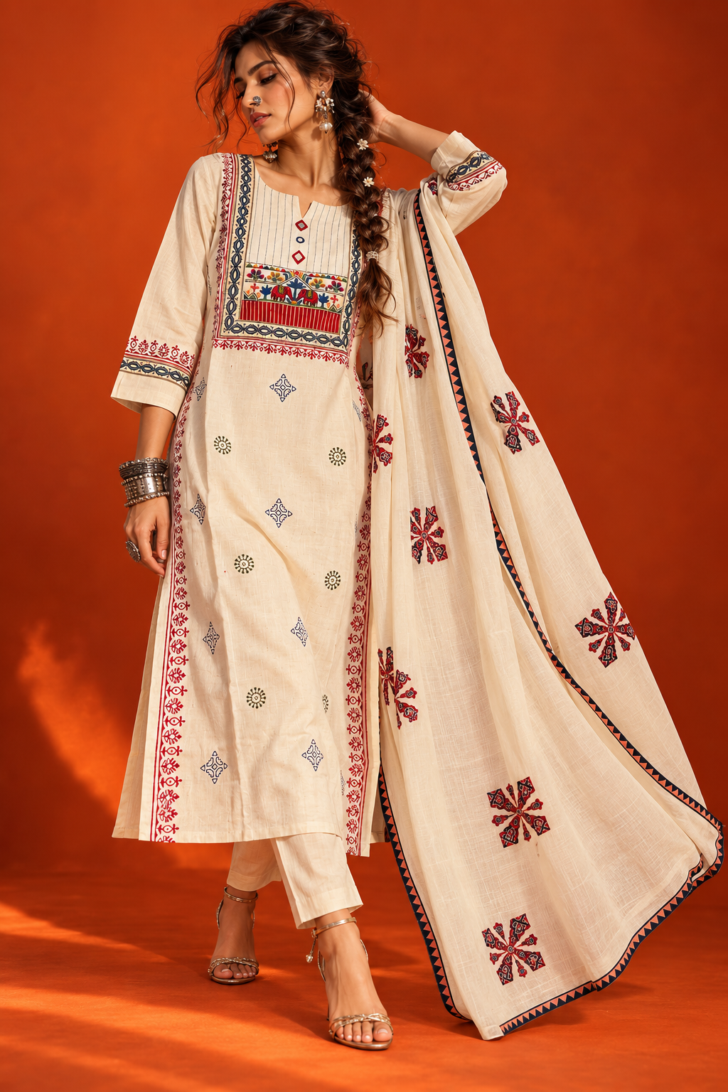 Woman wearing Tarini ivory cotton appliqué work straight kurta suit set with dupatta by Nayab Pitara