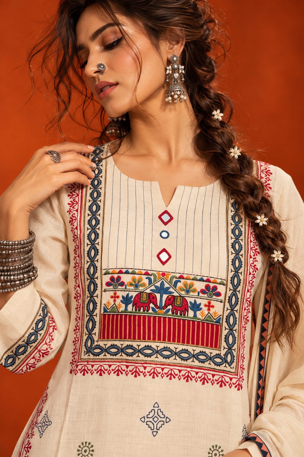 Tarini ivory cotton appliqué work straight kurta suit set with dupatta by Nayab Pitara – view 2