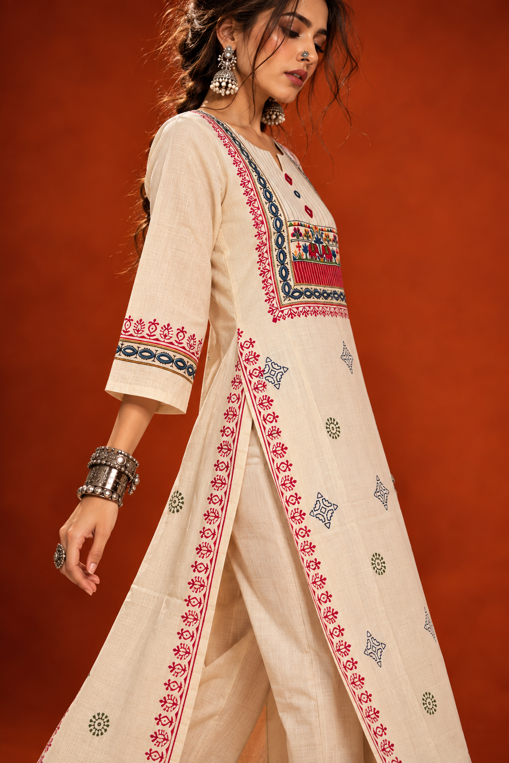 Tarini ivory cotton appliqué work straight kurta suit set with dupatta by Nayab Pitara – view 3