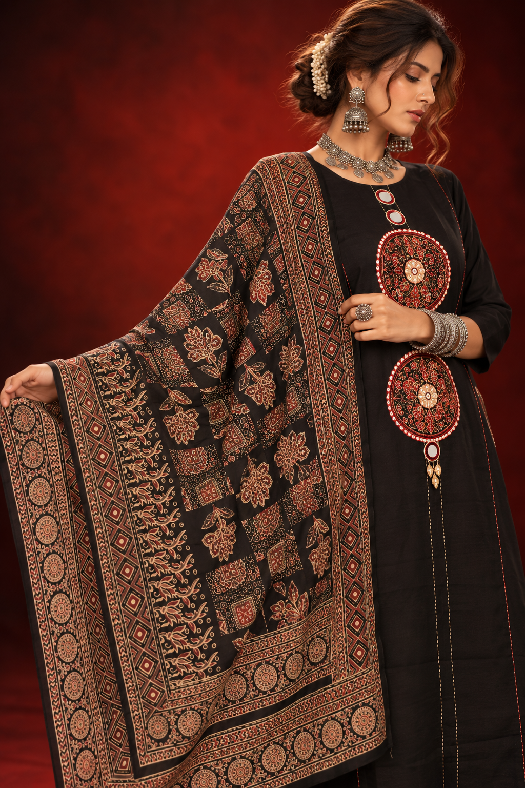 Zohra black cotton anarkali suit set with embroidered yoke and printed dupatta by Nayab Pitara – view 2