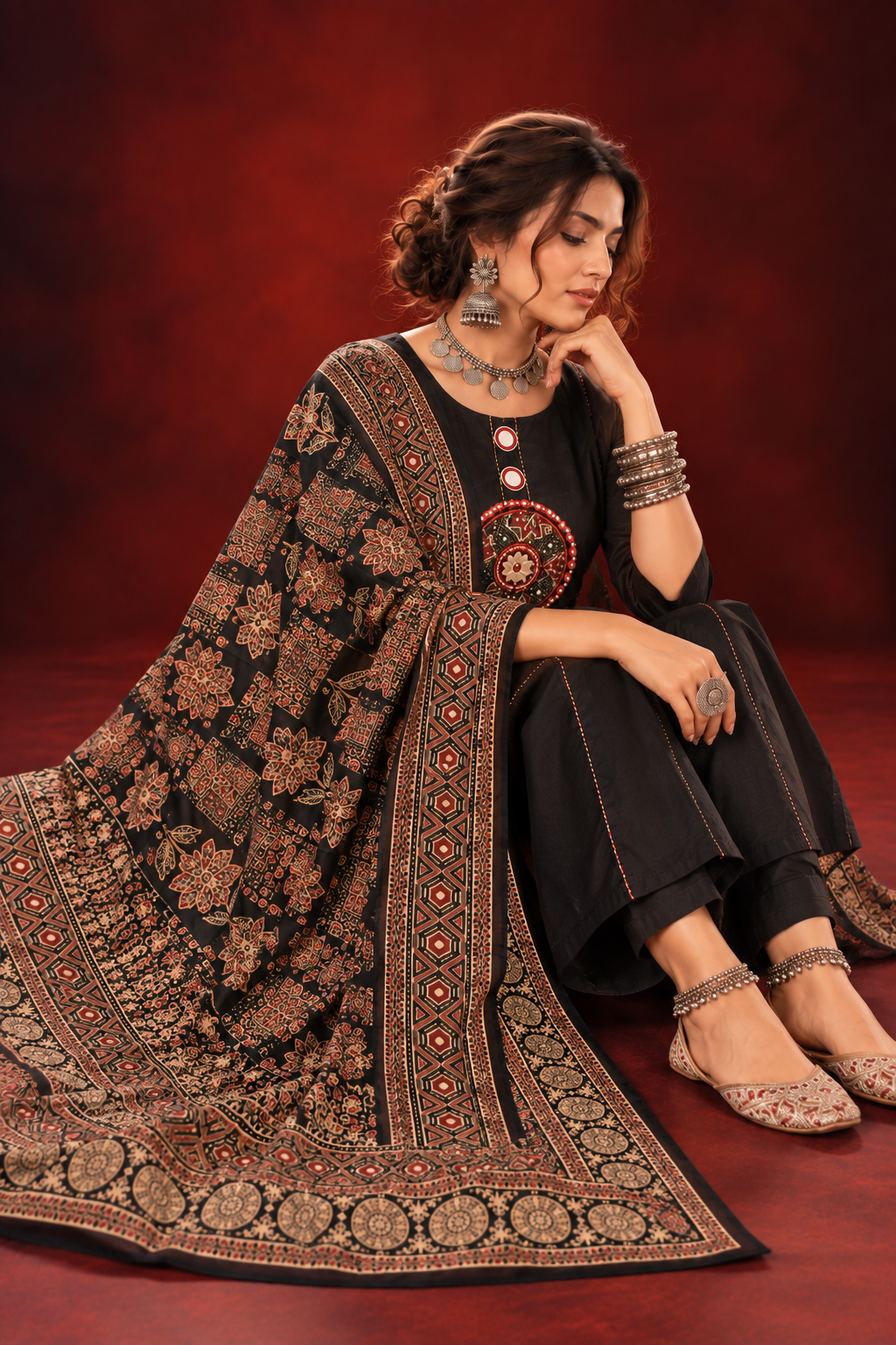 Zohra black cotton anarkali suit set with embroidered yoke and printed dupatta by Nayab Pitara – view 3