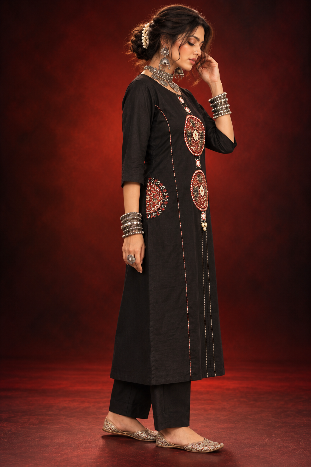 Zohra black cotton anarkali suit set with embroidered yoke and printed dupatta by Nayab Pitara – view 4