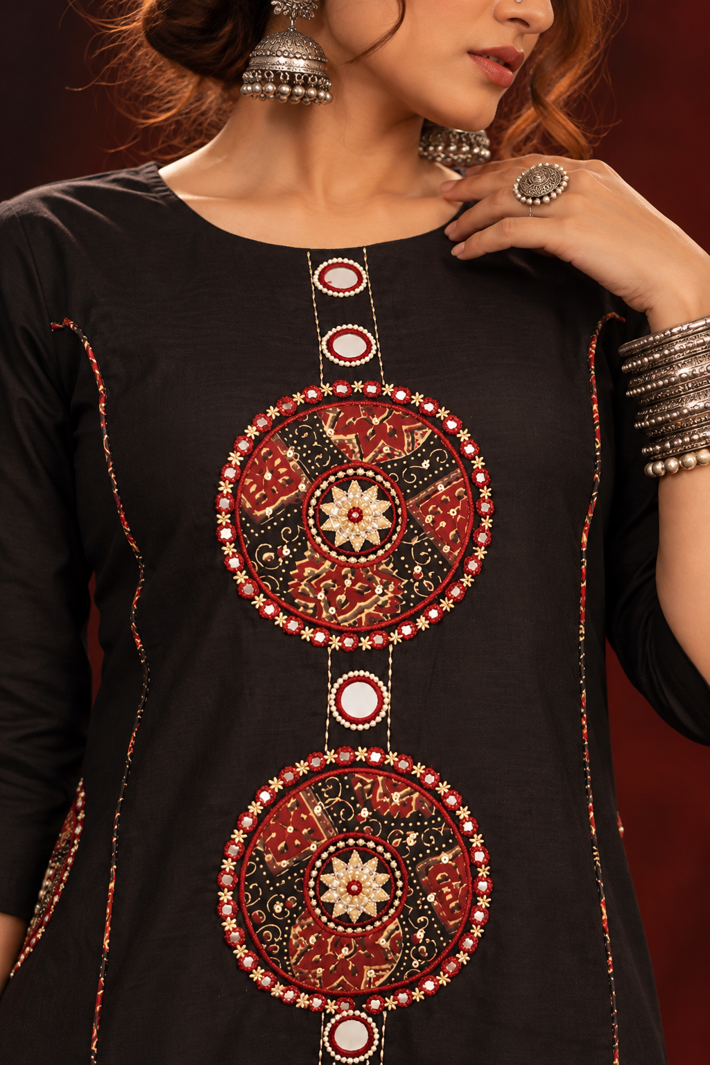 Zohra black cotton anarkali suit set with embroidered yoke and printed dupatta by Nayab Pitara – view 6