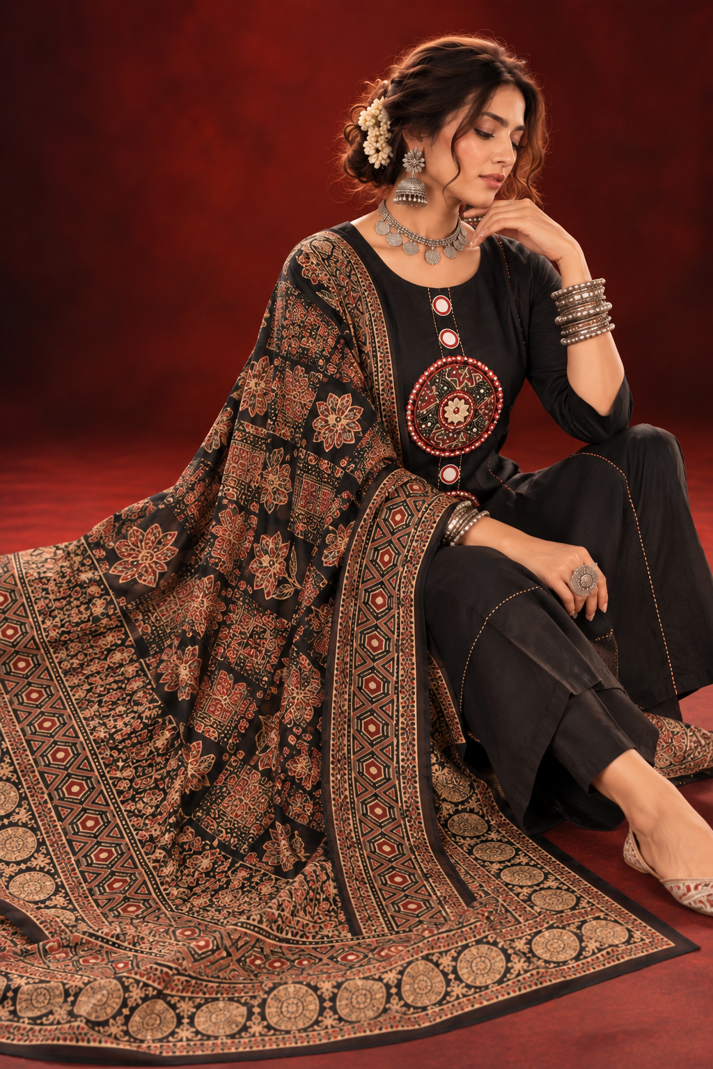 Zohra black cotton anarkali suit set with embroidered yoke and printed dupatta by Nayab Pitara – view 7
